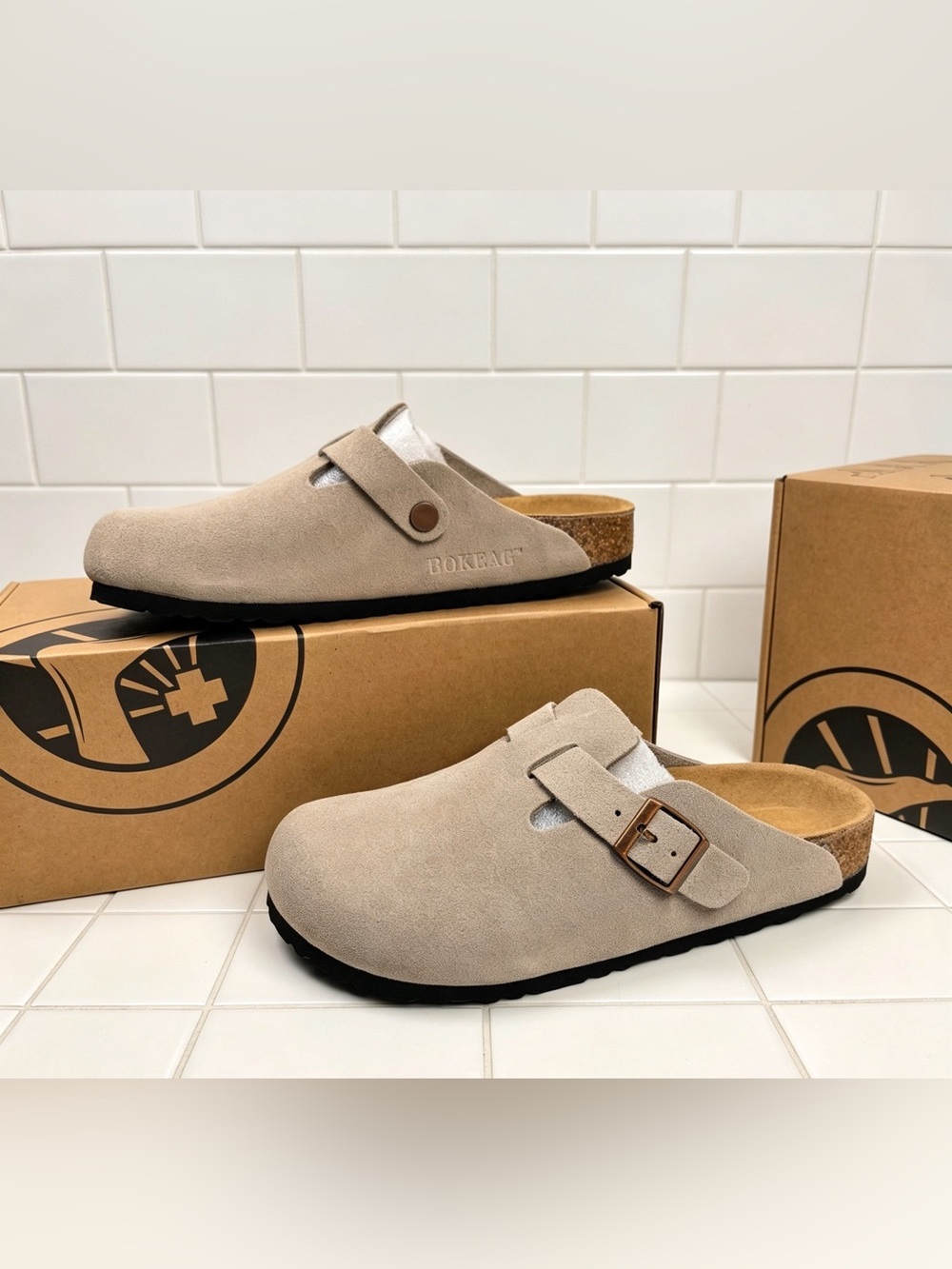 BIRKENSTOCK Boston taupe suede mule clogs